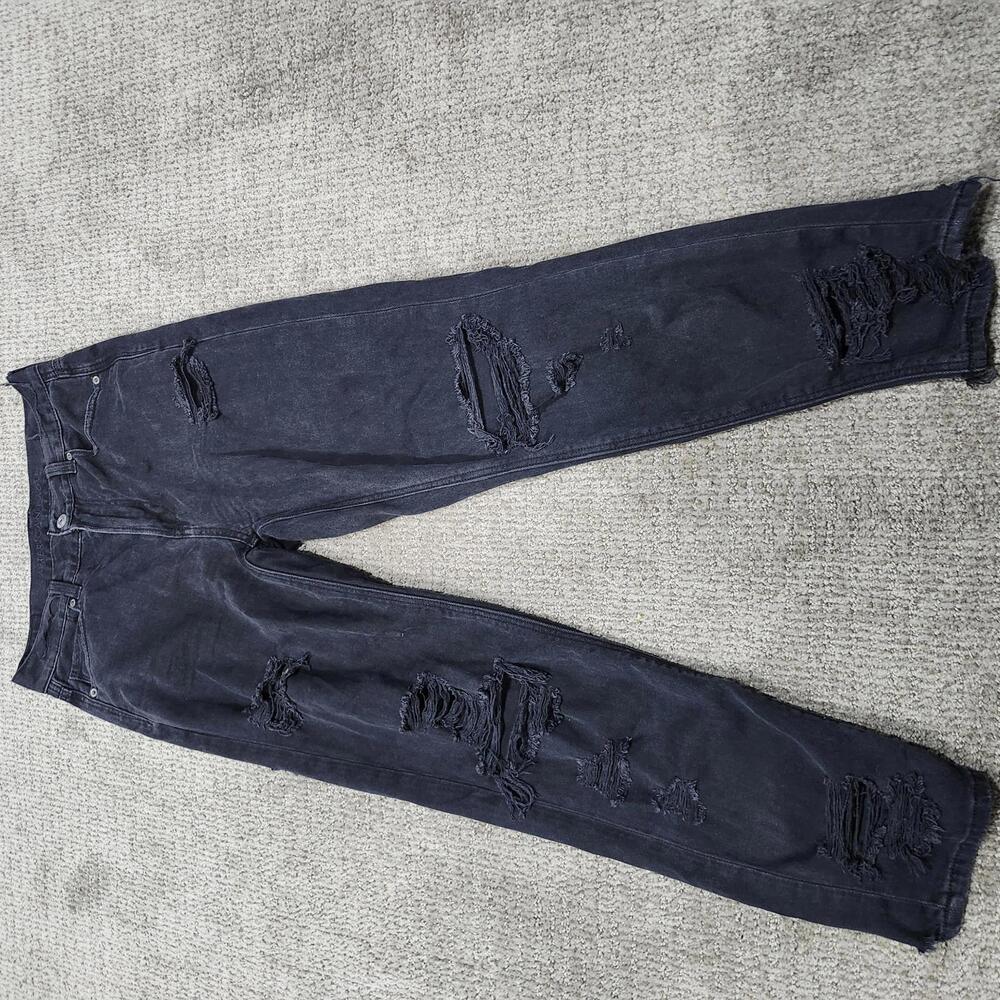 American Eagle Mom Straight Jeans Black Distressed Pockets Women’s Size 4